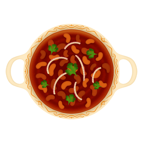 Flat bowl of red bean stew with onion and cilantro graphic, makes decorative culinary impact
