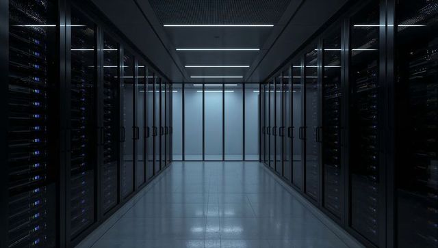 Sleek Server Room with Illuminated Corridor for Modern Data Security