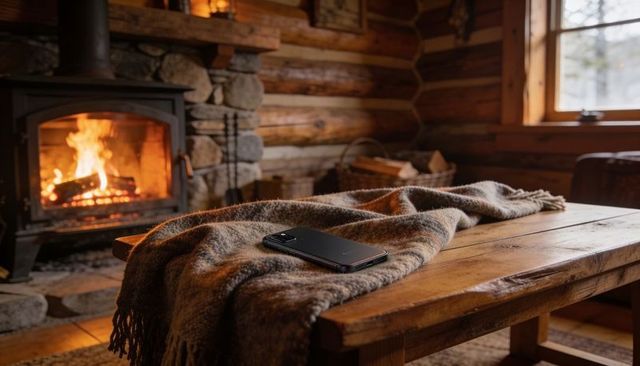 Cozy log cabin interior showing wool throw and smartphone on wooden table near fireplace