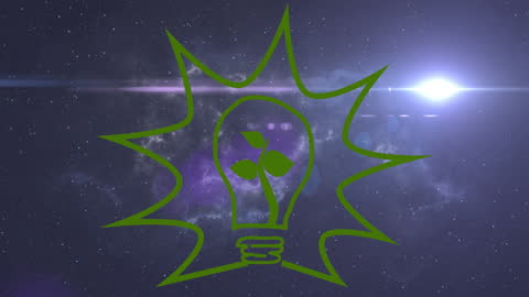 Animated Green Light Bulb Icon with Cosmic Background