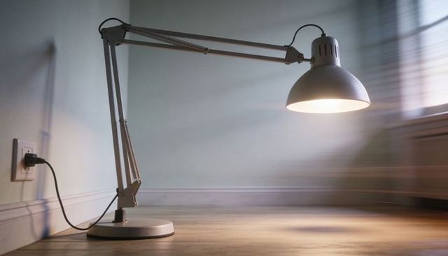 Adjustable metal desk lamp casting warm pool of light on wooden floor near window
