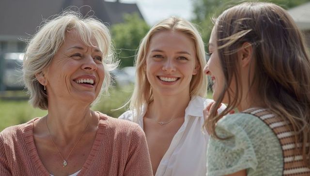 Multigenerational women smiling together in sunlit backyard laughing and bonding
