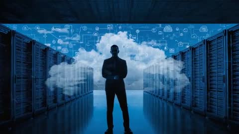 Silhouetted Executive Presenting Cloud Infrastructure Between Server Racks Video