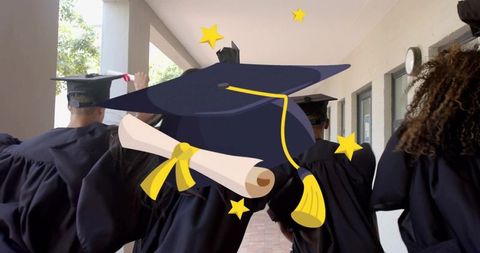 Graduating students walking hallway wearing caps and gowns with illustrated diploma overlay