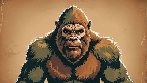 Stylized Bigfoot Illustration with Textured Tan Backdrop