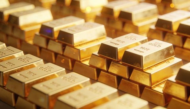 Gleaming gold bullion stacks forming shimmering rows with stamped purity markings