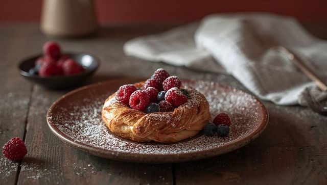 Rustic danish pastry topping raspberries and blueberries, sprinkled with powdered sugar