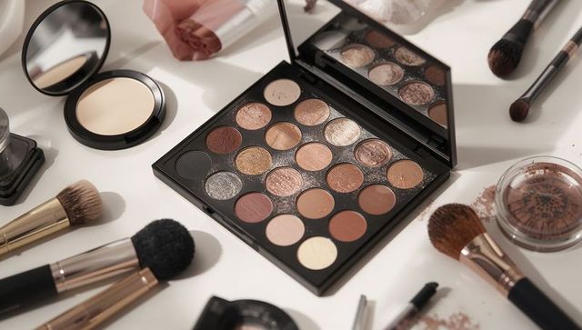 Neutral metallic eyeshadow palette flatlay featuring brushes, shimmer pigment, vanity