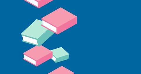 Colorful book icons floating on blue background