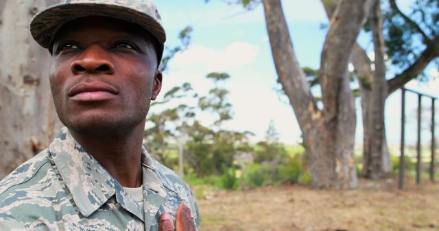 Proud Soldier in Uniform Outdoors Reflecting - Download Free Stock Images Pikwizard.com