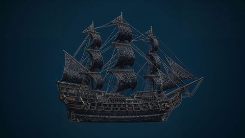 Antique three-masted sailing pirate ship against blue backdrop