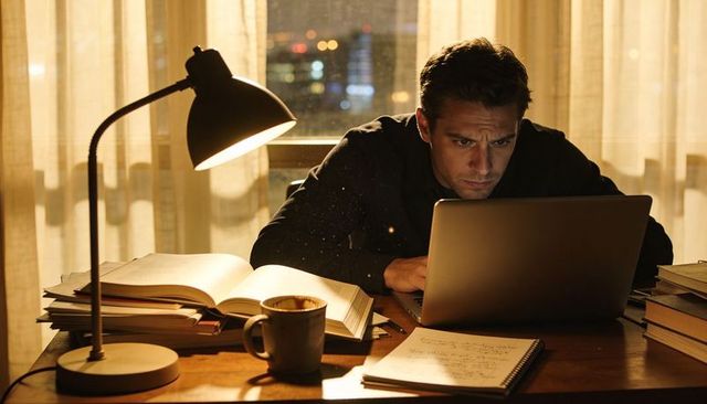 Late-night studying man leaning over laptop with desk lamp, coffee and notebooks