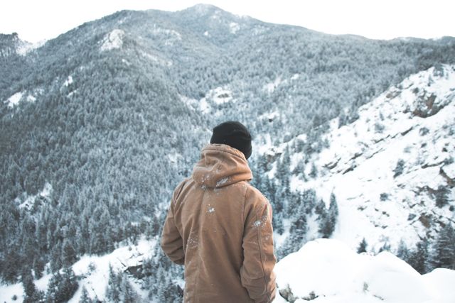 Person standing on snowy mountain slope, wearing winter jacket and beanie, looking out at frosty forested peaks. Great for images related to outdoor adventure, winter sports, travel destinations, nature exploration, and feeling of solitude and tranquility in nature.