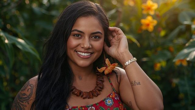 Smiling tropical portrait: woman posing in floral sundress, bead necklace, tattoos, backlit glow