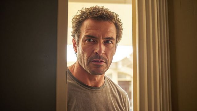 Middle-aged man peering through doorway with warm sunlight and thoughtful expression