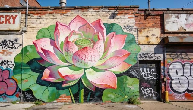 Vibrant pink green lotus mural transforming brick wall on sunlit urban street corner