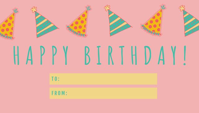 This vibrant birthday card design features colorful party hats and a cheerful 'Happy Birthday' message on a pink background. It's ideal for sending warm birthday greetings or using as a fun invitation. Customize the 'To' and 'From' fields to personalize your message.