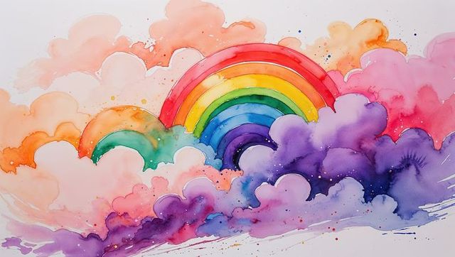 Vibrant Watercolor Rainbow Soaring Through Colorful Clouds