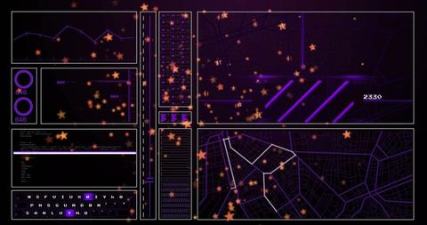 Neon cyber ui displaying data panels, city grid map, line chart, gauges, particle overlay