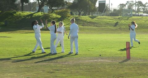 Female Cricket Team Celebrating Victory on Sunlit Field