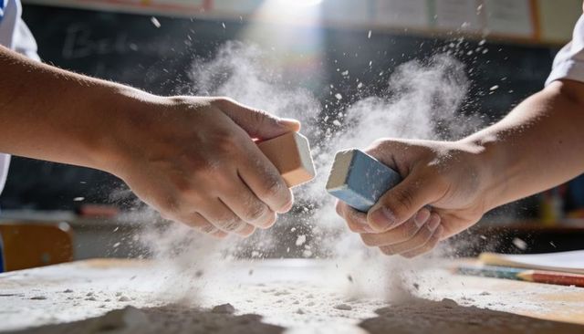 Students rubbing chalk blocks creating dramatic chalk dust burst with backlight