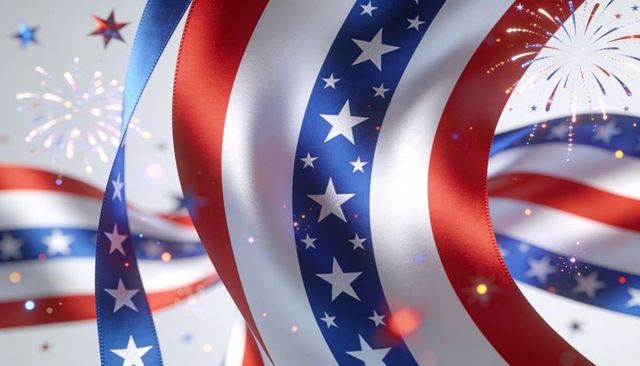 Flowing american flag ribbon celebrating independence day with fireworks and confetti