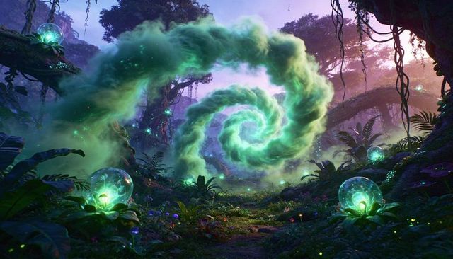 Bioluminescent jungle vortex: glowing pods and mystical green spiral portal