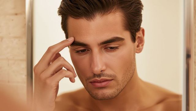 Man examining skin in mirror touching forehead grooming skincare routine closeup portrait