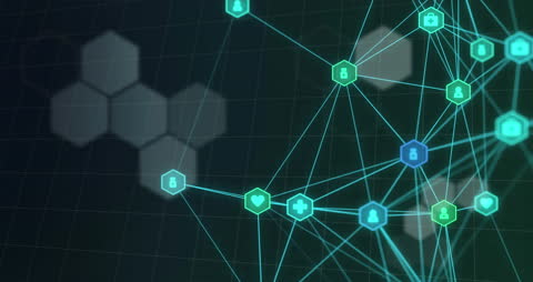 Digital Network with Flowing Light Trails and Hexagonal Structure