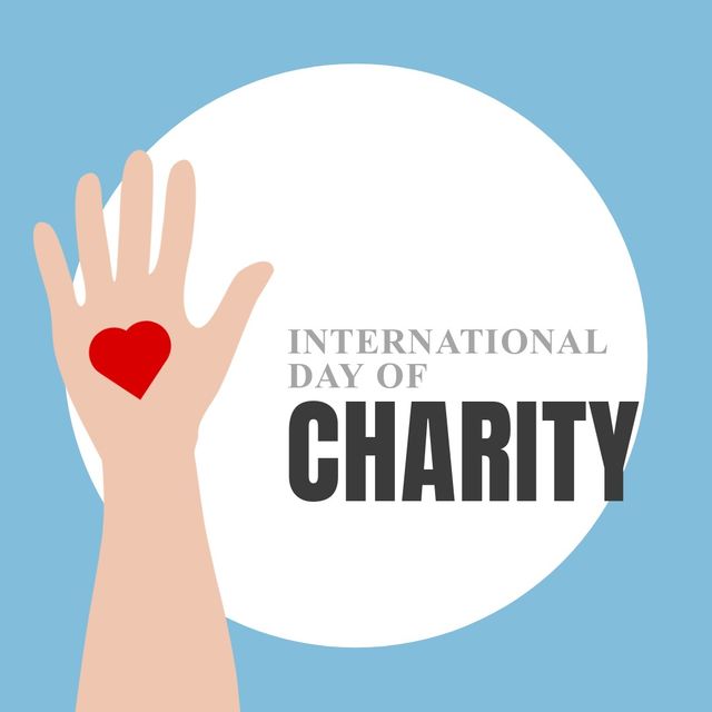 An illustration depicting a hand with a heart symbol in the palm, set against a blue background with text 'International Day of Charity'. Perfect for promoting charitable activities, volunteer initiatives, and spreading awareness about the importance of giving and philanthropy. It can be used for social media posts, flyers, posters, and event invitations dedicated to charity and community service.