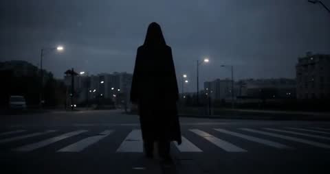 Mystery Figure Crossing Empty Urban Street at Night