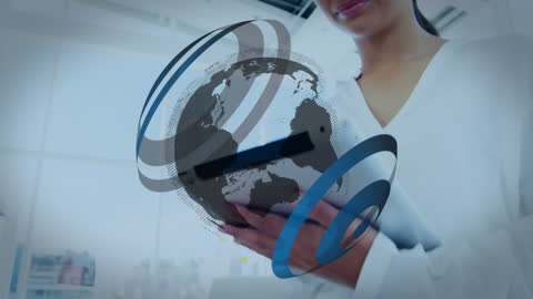 Global Networking Illustration over Businesswoman with Tablet