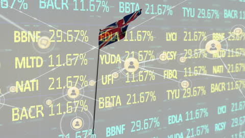 UK Flag Overlays Stock Market Data with Networking Icons