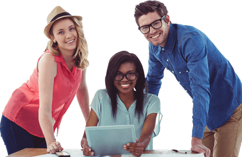 Smiling creative team collaborating with tablet transparent background