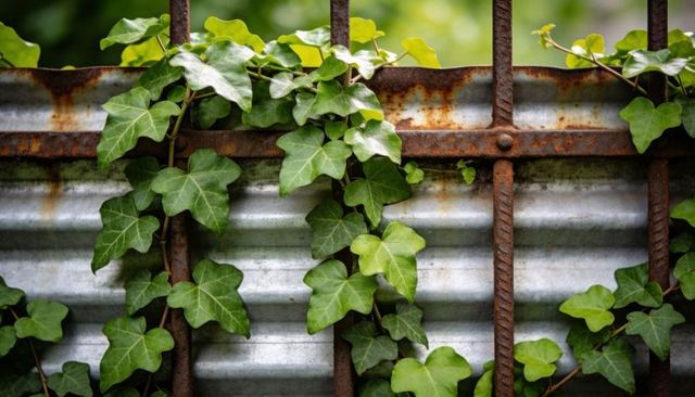 Climbing ivy weaving through rusted rebar on corrugated metal, green leaves contrasting with rust