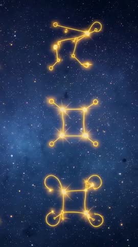 Looping Golden Glyph Column Pulsing with Star Nodes over Nebula Vertical Loop Video