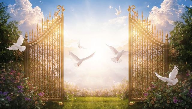 Open Golden Gates Revealing Sunlit Meadow with Soaring White Doves