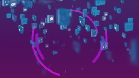 Floating Technology Icons on Blue and Violet Digital Background