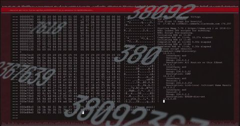 Hacker terminal with code and hex dump on screen
