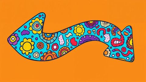 Colorful curved arrow with playful doodles on orange backdrop