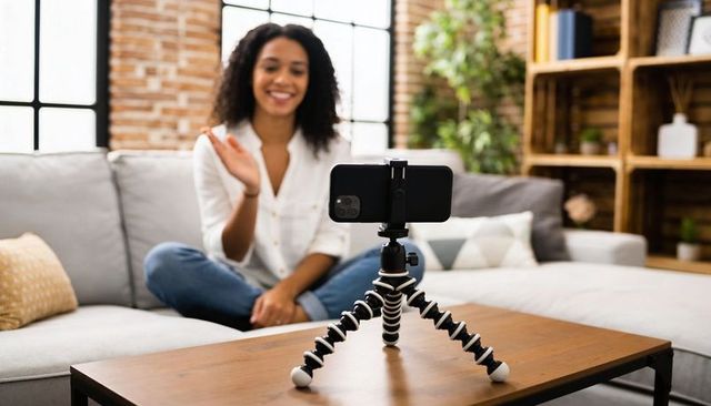Content creator recording vlog on smartphone tripod waving on sofa in loft living room