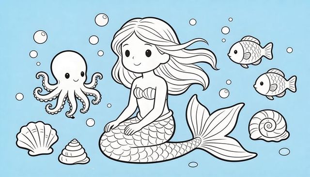 Cute mermaid and sea friends lineart coloring page for kids undersea cartoon vector