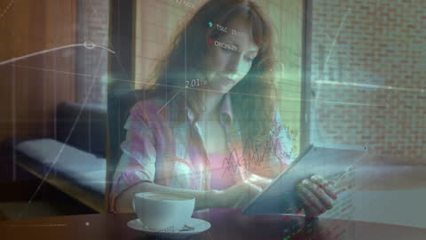 Businesswoman Analyzing Data With Digital Tablet in Cafe