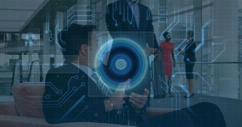 Professionals Interacting with Futuristic Holographic Interface in Modern Office