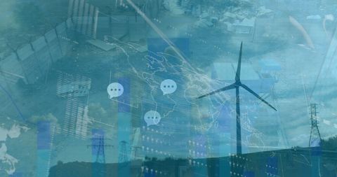 this visual combines elements of renewable energy and digital data processing. it features windmills, representing sustainable energy, alongside digital data symbols and interface elements like charts and text bubbles. this could illustrate concepts of innovation in energy technology, intertwining of eco-friendly power sources with technology enhancements, or the processing and analysis of data to optimize energy usage. ideal for use in presentations about green technology, energy conservation, or data management in the renewable sector.