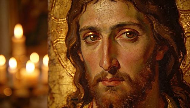 Gilded byzantine icon portrait of christ with candlelight bokeh, craquelure and gold leaf