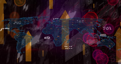 Global Digital Finance Network Visualization with Arrows and Icons
