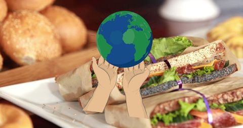 Stop Food Waste: Earth and Hands Symbol with Organic Sandwiches
