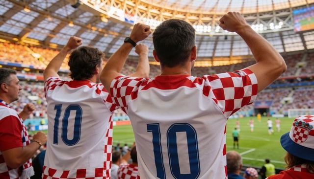 Croatia fans cheering in red-white checkered number 10 jerseys at packed stadium