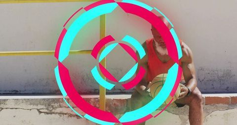 Senior athlete sitting with basketball on urban concrete ledge with neon graphic overlay